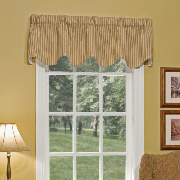 Erin Scalloped Valances - Beige Stripe with Tan Buttons - B05