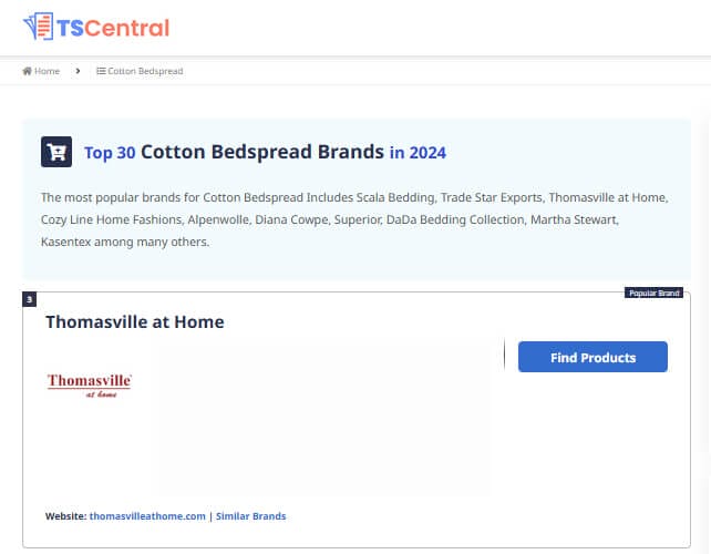 TS Centeral Webpage clip with Thomasville at home listed as #3 in cotton bedding