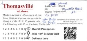 Sarah Myrtle Beach SC CK3050 VAL3050 SC3050 Survey Card