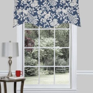 Birdsong Winston scalloped valance, window treatment, blue with cream birds and flowers