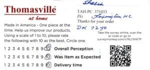 Sheila Lexington NC DK7250 Survey Card