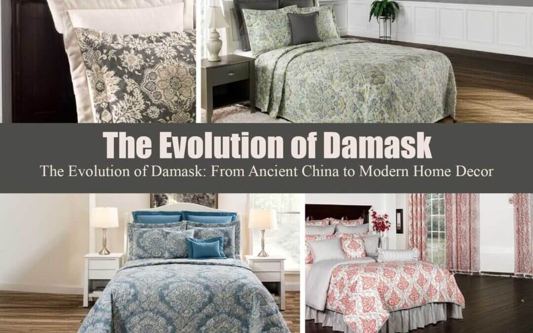 Evolution of Damask Header with title and 4 bedroom designs with 4 images in each quadrant