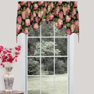 Summerwind pink scalloped empress swag with pink hydrangea flowers on a black ground