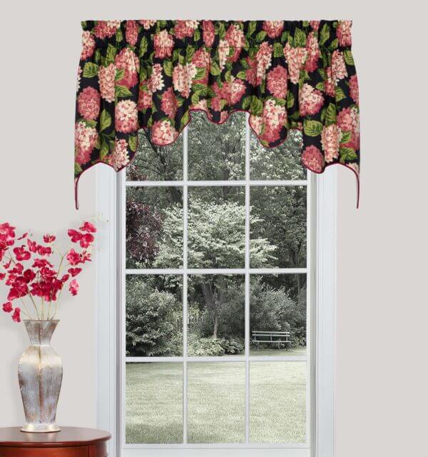 Summerwind pink scalloped empress swag with pink hydrangea flowers on a black ground