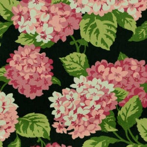 Summerwind Pink Floral fabric image with pink hydrangea flowers on black background
