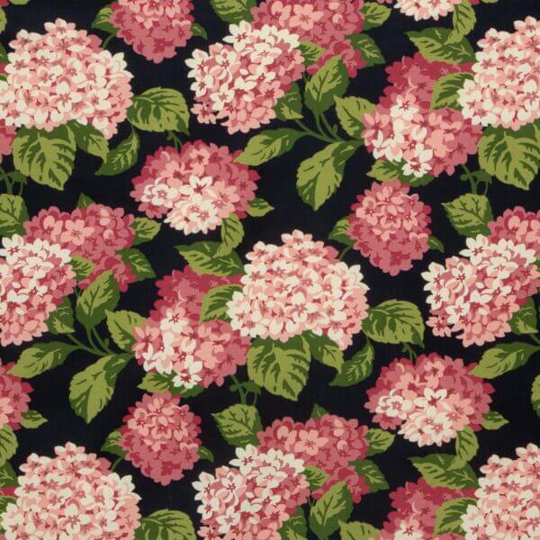 Summerwind Pink Hydrangea floral fabric on black ground