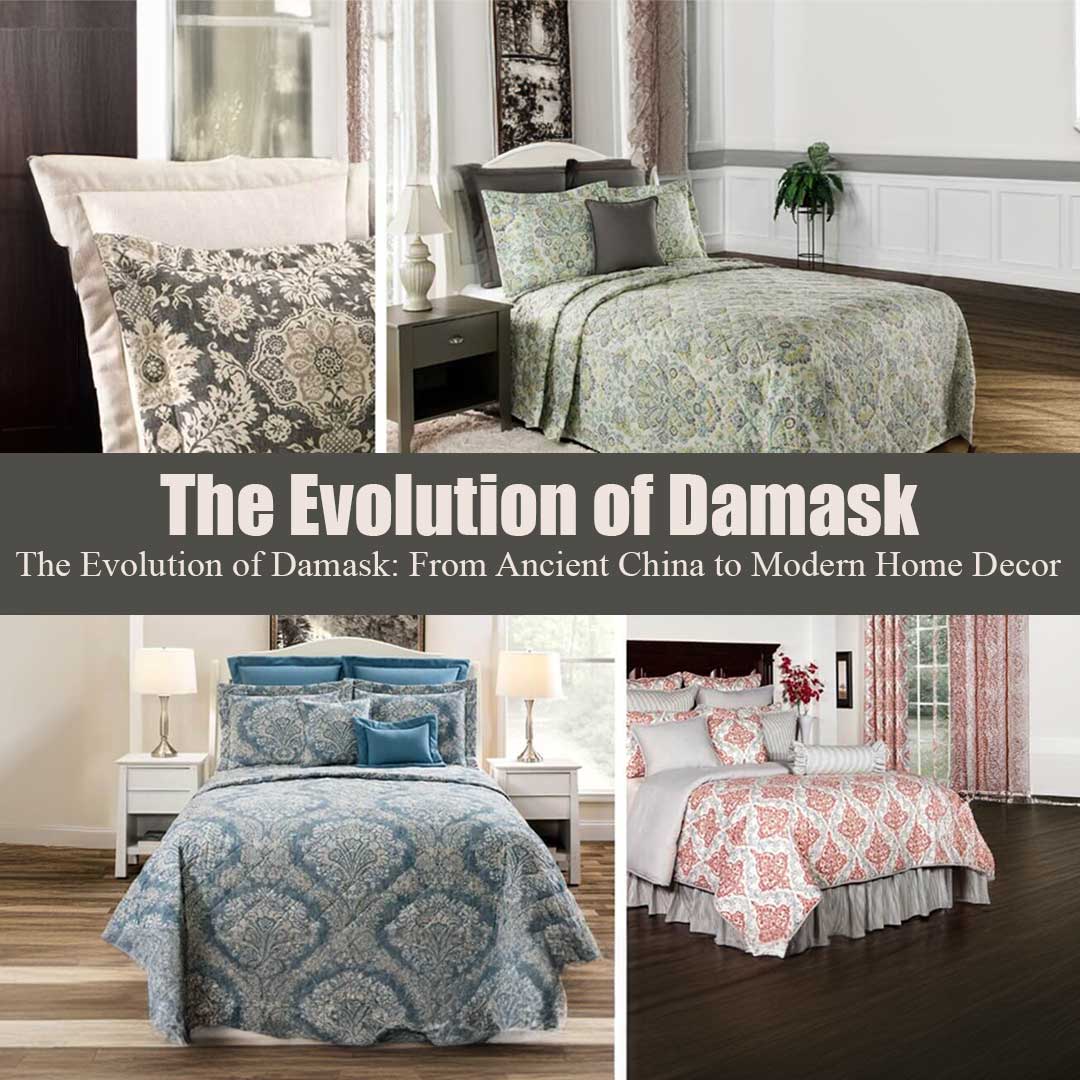 Evolution of Damask Header with title and 4 bedroom designs with 4 images in each quadrant