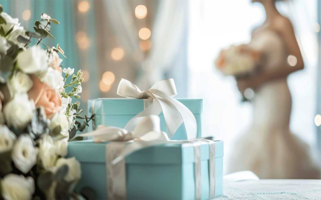 wedding gifts wrapped in blue with bride out of focused in the background