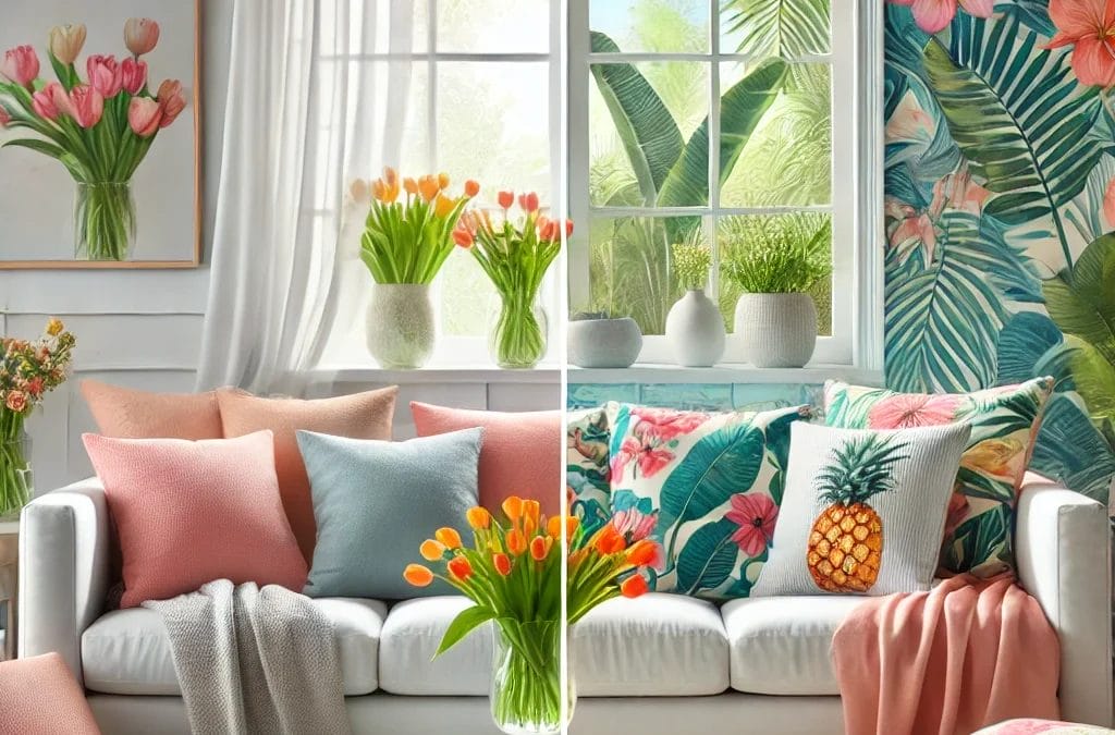 A-bright-and-airy-living-room-transitioning-from-spring-to-summer-decor.-On-one-side-soft-pastel-colored-pillows-a-light-throw-blanket-and-a-vase-w.