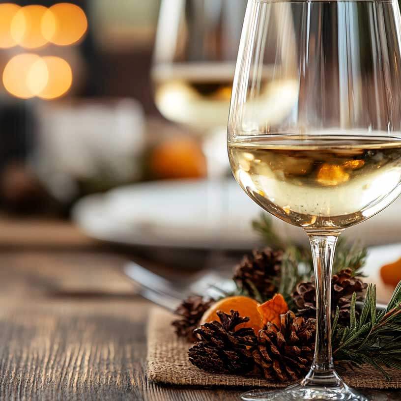 Holiday table setting with a white wine glass