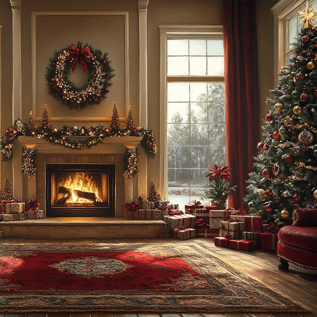 painting of a traditional living room at Christmas time.